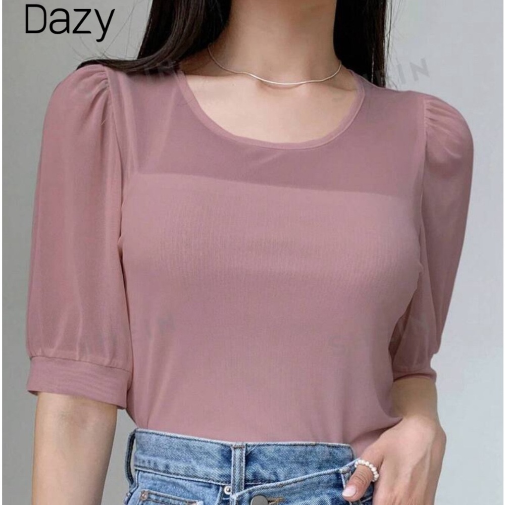 DAZY Solid Puff Sleeve Mesh Top